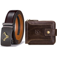 Contacts Men Leather Auto Lock Buckle Belt And Rfid Protected Genuine Leather Wallet Combo (27Brown+N87Brown)