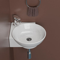 Remotion Wall Mounted Wash Basin For Bathroom | Ceramic Wash Basin | Wall Hung Small Corner Wash Basin/Sink (16.3 X 13.8 X 4.3 Inch) (Plain White)