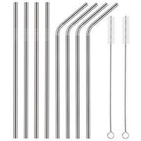 Fancyku Stainless Steel Straws For Drinking With Brushes Pack Of 10 Pieces (4 Bent + 4 Straight + 2 Brushes), Silver