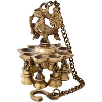 Two Moustaches Peacock Design Brass Hanging Diya With Bells, Diyas For Home Decoration, 1.1 Kg Brass Hanging Lamp Diya, 4 Inches Diya, 14 Inches Chain Length, Brass Hanging Lamp, Pack Of 1