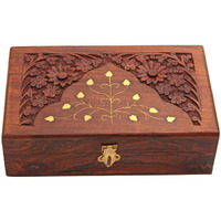 Rgrandsons Handmade Wooden Keepsake Storage Box Jewelry Trinket Holder Organizer Floral Hand Carvings With Brass Inlay 8 Inch