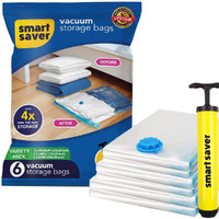 Smart Saver Plastic 6 Pack Vacuum Bags For Travel, Space Saver Bags Storage Bags For Vaccine Sealed Compression Packing Bag With Hand Pump, White
