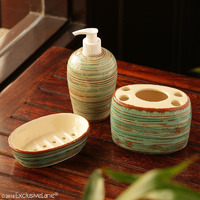 Exclusivelane Elegant Ceramic Bathroom Accessory Set Of 3 (Liquid Soap Dispenser, Soap Dish, Toothbrush Holder) - Sea Green & Brown (El-022-016)
