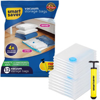 Smart Saver 12 Pack Vacuum Bags For Travel,Spacesaver Bags (6 Jumbo/6 Large) Compression Bags For Clothes, Sealed Airtight Reusable Packing Ziplock Bag With Travelling Handpump,Plastic,White