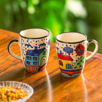 Exclusivelane 'Hut Handpainted' Ceramic Coffee Mug Ceramic Set Of 2 (Microwave Safe, 270 Ml)|Ceramic Coffee Mugs Ceramic Coffee Mug Set Serving Tea Mugs For Coffee Mugs Set Of 2 Ceramic Tea Mug