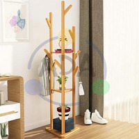 Ada Premium Large Natural Bamboo Wood Tree Garment Clothes Coat Hat Umbrella Portable Hanger Stand Rack With 3-Tier Storage Shelves And Hooks (L: 15.7 X W: 12.9 X H: 66.9 Inch)