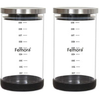 Femora Borosilicate Glass Jar With Silicon Bottom & Air Tight Steel Lid|Glass Jars For Kitchen|Kitchen Storage Jars|1 Year Warranty|Jars For Gifting, Snacks, Spice, Cookies, Dry Food|900 Ml| Set Of 2