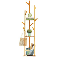 Leopax Bamboo Tree Garment/Clothes Portable Hanger Stand Rack With 3-Tier Storage Shelves And Hooks (L: 15.7 X W: 12.9 X H: 66.9 Inch, Wooden Yellow), 39.88 X 32.77 X 169.93 Cm