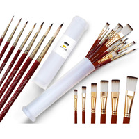 Kritart Design Artist Painting Brush Set, Flat And Round, Synthetic Hair For Water Poster Acrylic Gouache And Oil Colour [Red Wooden Handle Set Of 13 Mix Brushes With Extendable Container]