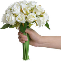 Tied Ribbons Set Of 12 Artificial Rose Flowers Bunches For Vase (24 Cm, White) - Home Decoration Gift Items For Living Room Corner Table Top Bedroom Wedding (Pot Not Included) Polyester