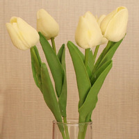 Tied Ribbons Silk Set Of 5 Artificial Tulip Flowers Bunches For Vase (Cream, 34 Cm) Home Decoration Items For Living Room Corner Table Top Bedroom Wedding Party (Vase Not Included)