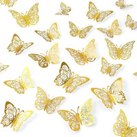 Home Decor Items For Wall, 3D Butterfly Wall Decoration, Golden, Wall Stickers, Birthday Bedroom Living Room Office, Baby Shower Anniversary Party Decor (3D Gold Butterfly Sticker, Pack Of 12)