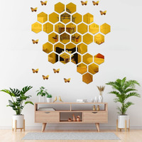 Device Of Mm -Meraki Mart Non Glass 3D 20 Wall Mirror With 10 Butterfly Acrylic Hexagon Shape Diy Wall Sticker Decor Self Adhesive Tiles Wall Decor Art For Home (Gold), Unframed
