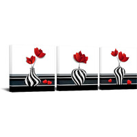 3 Pieces Abstract Red Flower Canvas Wall Art Still Life Canvas Painting Prints Flower On Black And White Vases Picture For Bathroom Hallway Decor Stretched 12X12Inchx3Pcs