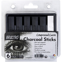 Brustro Artist Compressed Carre Charcoal Sticks - Set Of 6 (5 Black & 1 White Stick) | Ideal For Portrait Charcoal Art, Sketching, Shading, Blending, Drawing, Craft, Professional Use.