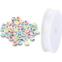 Beadsnfashion 500 Pcs Acrylic Round A To Z Alphabet Letter Beads Multicolor 6Mm 10 Mtrs Crystal String Elastic Cord For Jewellery Making, Diy Bracelets, Necklace, Key Chains And Kids Jewellery