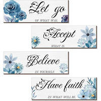 4 Pieces Blue Flower Wall Decor For Bedroom, Accept-Let Go-Have Faith-Believe Wooden Inspirational Wall Art Decorations For Living Room Bathroom,Rustic Wooden Farmhouse Home Decor, 12 X 4 Inch, Dl038