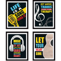Chaka Chaundh  Music Quotes Wall Frames  Framed Music Posters - Music Quotes Framed Wall Paintings - Best Vintage Music Poster - (34 Cm X 27 Cm X 4 Cm) Combo - Set Of 4 (Black)