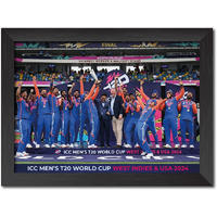 Tenorarts India Cricket Worldcup T20 Poster Trophy Celebration Photo Framed Painting With Matt Finish Black Textures (12 Inches X 9Inches)