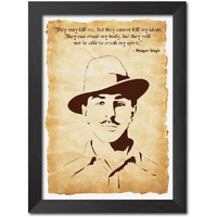 Tenorarts Bhagat Singh Portrait Drawing Poster Motivational Quotes Laminated Photo Frame Painting With Dark Color Matt Finish Textures (12 Inches X 9 Inches)