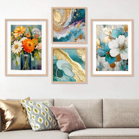 Kalit Kala Decor Daintings For Wall Decoration With Frame |Paintings For Living Room, Bedroom|Set Of 4 (Sea Flower)-Engineered Wood