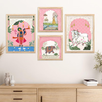 Artifly - Pichwai Art Framed Wall Painting For Living Room Bedroom Office Room Decor - Premium Digital Pichwai Art Paintings With Frame For Home Decor&Wall Decor Set Of 4 (Design 3)