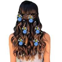 Hair Flare Artificial Flower With Pearl Bridal Hair Pin/Hair Clip/Side Pin/Comb Pin/Hair Accessories/Judapin For Women & Girls - 2397, Blue, Pack Of 1