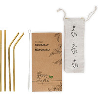 Tgc Metal Reusable Straws Set For Drinking With Glass For Adults & Kids With Cleaning Brush Golden Aesthetic Kitchen Decor And Golden Cutlery (2-Straight, 2-Bent,1- Cleaning Brush)