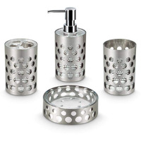 Freelance Miami Polystyrene 4 Pieces Bathroom Set-Dispenser, Toothbrush Holder, Tumbler & Soap Dish (Silver)