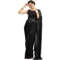 Akhilam Women's Georgette Lace Work Embellished Designer Saree With Unstitched Blouse Piece (Black_Glmp902D)