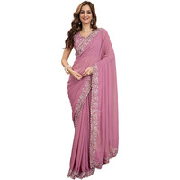Trendmalls Women's Georgette Embroidery Sequin Work Saree With Unstitch Blouse Piece (K1001-Pink-)
