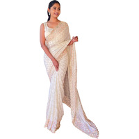 Akhilam Women's Georgette Embellished Designer Saree With Unstitched Blouse Piece (Off White_Kesari1801_Kr.)