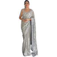 Akhilam Women's Grey Georgette Sequins Embellished Saree With Unstitched Blouse Piece (Kesari5101_Kr)
