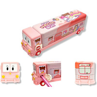 Rianz Bus Pencil Box For Kids With Moving Tyre's & Sharpener Geometry Case For Boys & Girls (Pink) - Metal