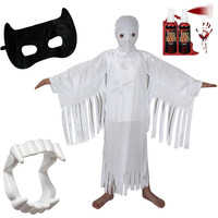 Kaku Fancy Dresses Polyester Spooky White Ghost Dress For Kids With Vampire Teeth, Face Mask, & Fake Blood, Halloween Theme Party Prop