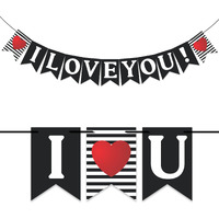 Wobbox White & Black Line Pattern "I Love You" Bunting Banner For Anniversary, Pre-Wedding & Wedding, Love Banner For Decoration