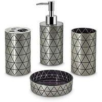Freelance Miami Polystyrene 4 Pieces Bathroom Set-Dispenser, Toothbrush Holder, Tumbler & Soap Dish, Silver