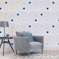 Golden Cart 3D Ceiling Wallpaper (7 Pcs) Foam Wallpaper Sticker Panels I Foam Tiles I Living Room Bedroom Furniture, Door (Square Design, Blue On White, 7 Pieces, 70X70 Cm Each)