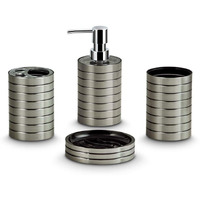 Freelance Miami Polystyrene 4 Pieces Bathroom Set-Dispenser, Toothbrush Holder, Tumbler & Soap Dish (Silver)