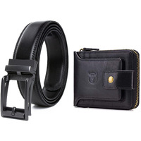 Contacts Men Leather Auto Lock Buckle Belt And Rfid Protected Genuine Leather Wallet Combo (15,N87 Black)