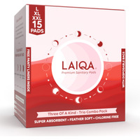 Laiqa Premium Rash Free Sanitary Pads 5L + 5Xl + 5Xxl Trio With 15 Disposable Bags Plus 3 Free Panty Liners | Made With Natural Fibers | Leak Proof Pads With 4 Wings | No Chlorine No Fragrance | Pack Of 1