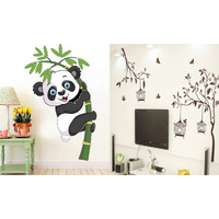 Ghar Kraft Set Of 2 Wall Sticker Baby Panda And Free Bird Cage Brown Wall Sticker