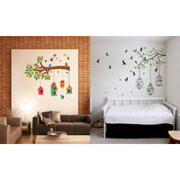 Ghar Kraft Set Of 2 Wall Sticker Bird House On A Branch And Flying Bird With Cage Wall Sticker