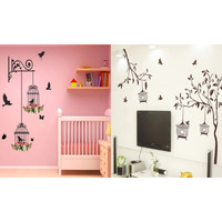 Ghar Kraft Set Of 2 Wall Sticker Branches And Cages And Free Bird Cage Brown Wall Sticker