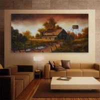 Inephos Cotton And Wood A Tangerine Evening Landscape Framed Painting, Multicolour, Abstract, 85 X 40.5 Cm