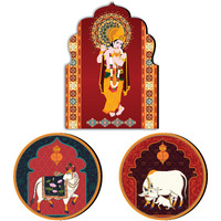Giftplease Elegant Wall Decoration Art - Handcrafted Shree Krishna Spiritual Wooden Decor Piece (Set Of 3 | Pattern-05)