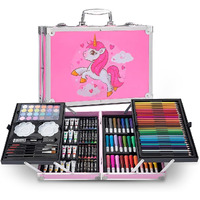 Raganet, Professional Art Set With 145 Pieces, Drawing Set With Feathers, Colors, Paints, Aquarelles And Crayolas, Painting Kit With Portable Organizer Case In Pink Briefcase Shape