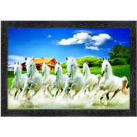 Dharvika Innovations  Seven Horses Vastu Painting With Frame/Vastu Seven Running Horses/Home Decor Items For Living Room (14X20 Inch, Design 20) (Design 12, Black Frame)
