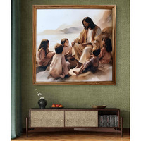 Elegance Jesus Christ Childrens Painting Picture Photo Teakwood Wooden Frame Good Shepherd Christian Art Painting Size- 12.75 Height X 13.5 Length Inch