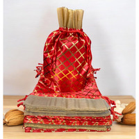 Pandeji Handcrafted Drawstring Pouch With Golden Grid Pattern/Berfi Print, Potli For Gift (Red Color 20Cmx30 Large, Set Of 15Pc)